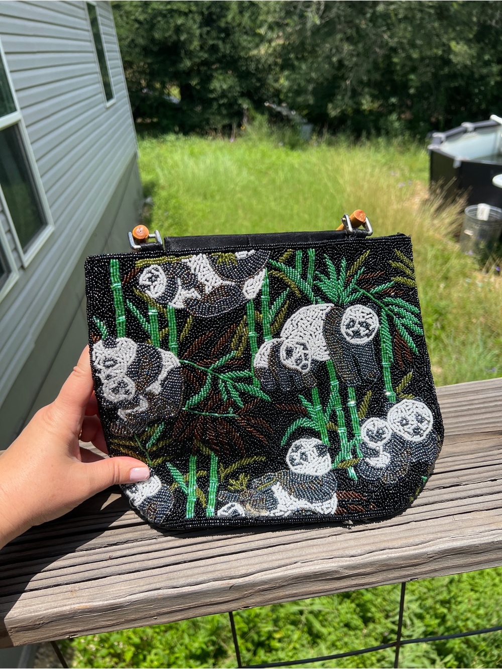 Beaded Panda Print Crossbody Bag - Black & Green